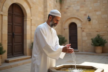 Homme musulman effectuant ses ablutions dans la cour d'une mosquée en Auvergne, ambiance calme et recueillie