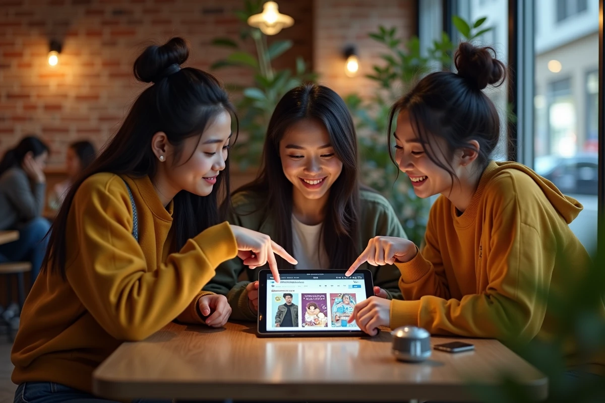 Groupe de jeunes adultes discutant d'un abonnement légal à une plateforme de manga dans un café moderne