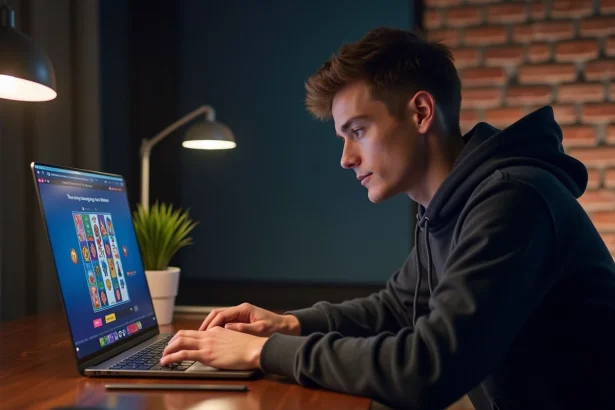 Homme jouant sur un site de slots en ligne depuis un ordinateur portable dans un bureau moderne à domicile