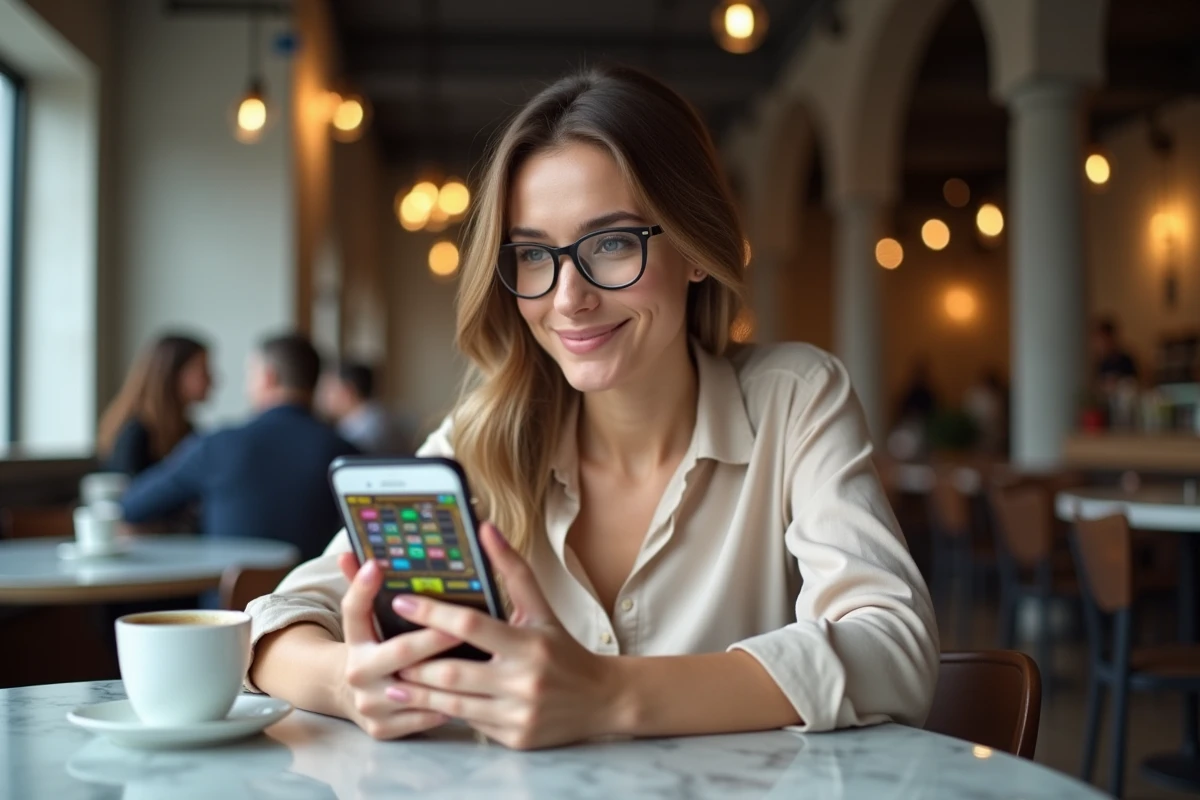 Femme accédant à un site de jeux de slots en ligne via smartphone dans un café moderne