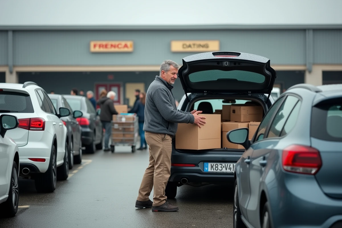 Client chargeant des cartons de vin et d'alcool dans son coffre dans le parking d'un centre commercial à La Jonquera