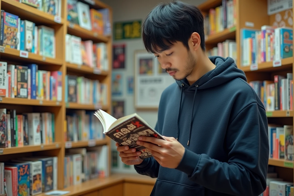 Homme achetant un manga dans une librairie spécialisée, soutenant les auteurs en achetant des œuvres officielles