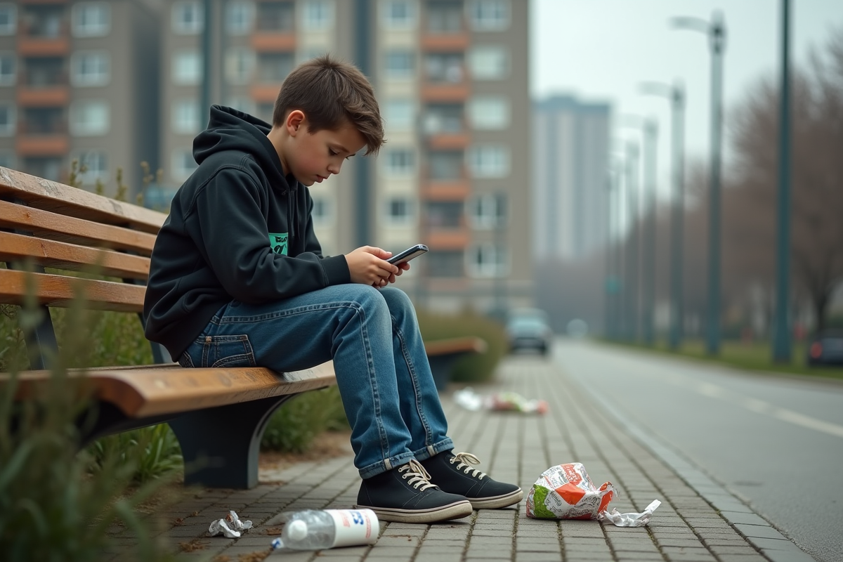 Adolescent assis sur un banc de parc avec déchets autour