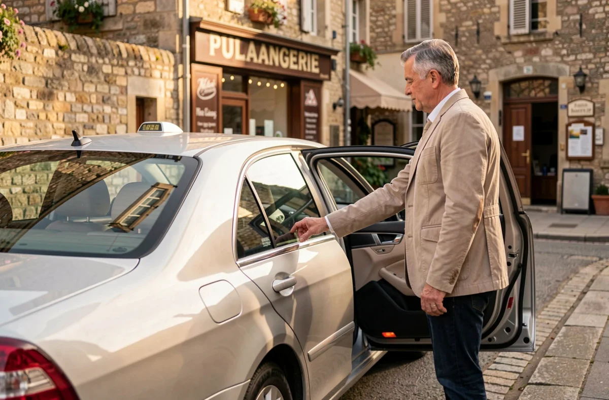 Adrien Lancelin ouvrant la portière de son taxi pour un passager dans une rue de village français