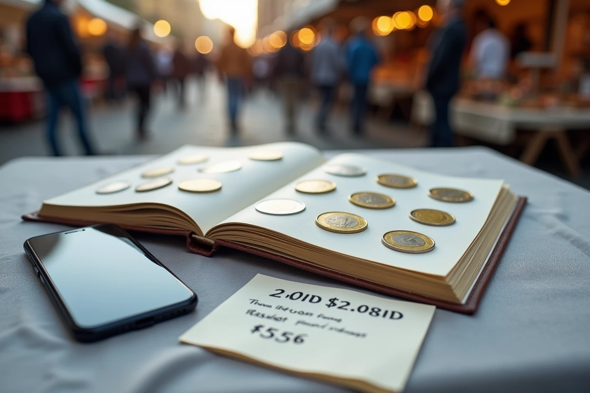 Album de collection ouvert avec pièces de 2 euros Tour Eiffel JO 2026 sur table de marché de numismates