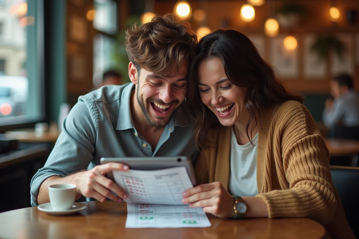 Deux amis discutant de leurs résultats Keno au café