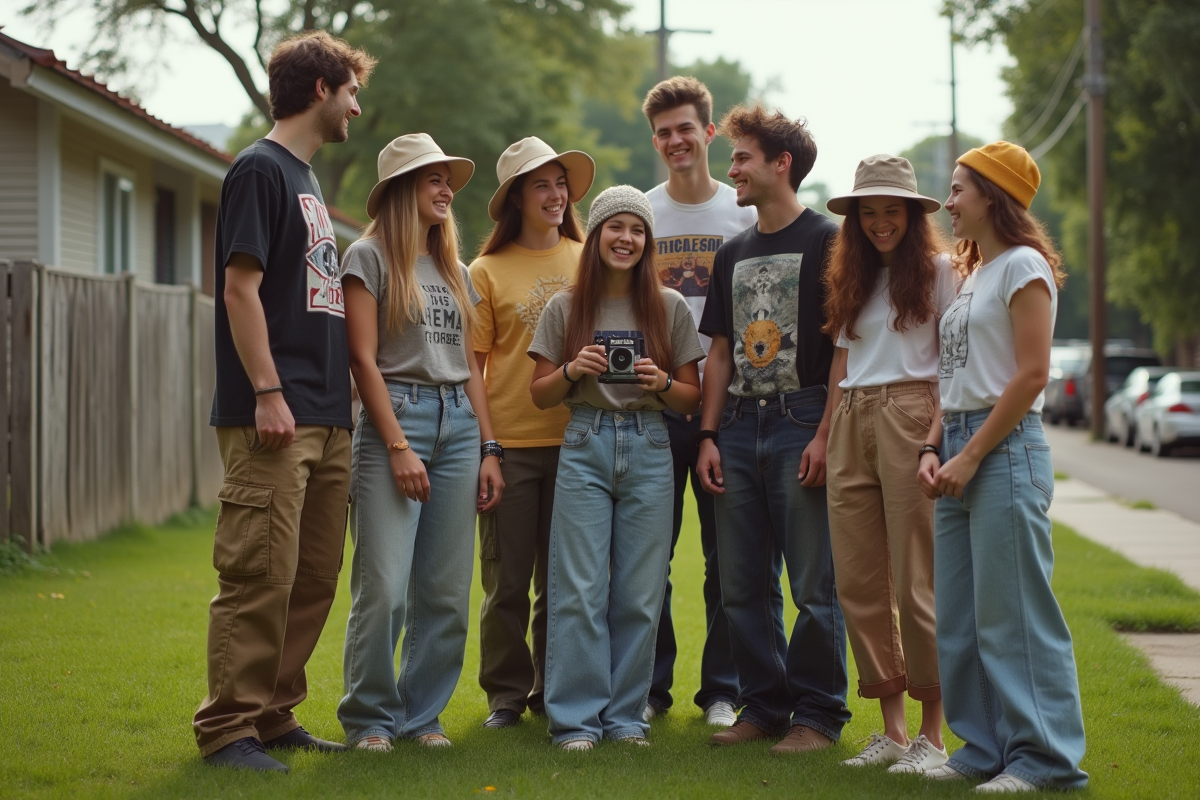 Groupe d amis en style 2000s dans un jardin suburbain