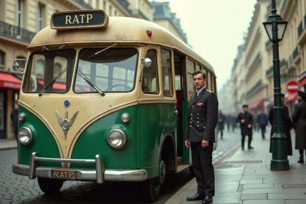 Ancien bus RATP des années 1950 garé dans une rue parisienne avec le sigle RATP visible sur la carrosserie