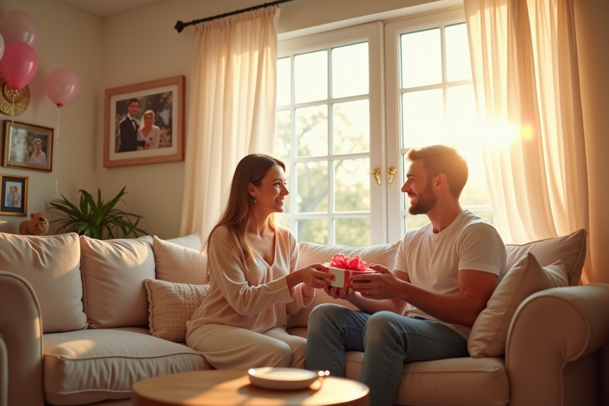 Intérieur cosy décoré pour anniversaire avec ballons et photos de mariage