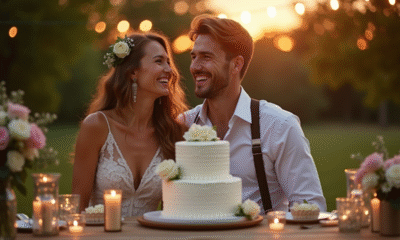 Couple célébrant leur anniversaire en extérieur avec guirlandes et gâteau