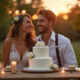 Couple célébrant leur anniversaire en extérieur avec guirlandes et gâteau