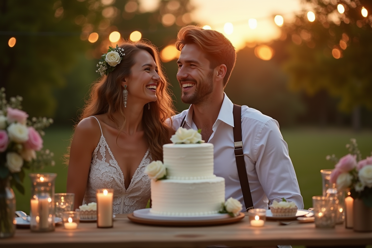 Couple célébrant leur anniversaire en extérieur avec guirlandes et gâteau