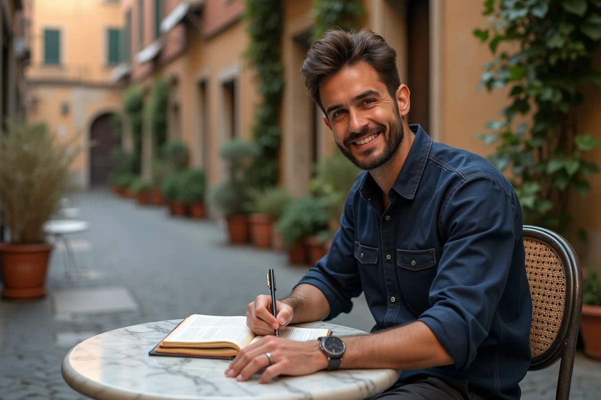 Homme prenant des notes à côté d'un recueil de poésie italienne dans une cour intérieure pittoresque