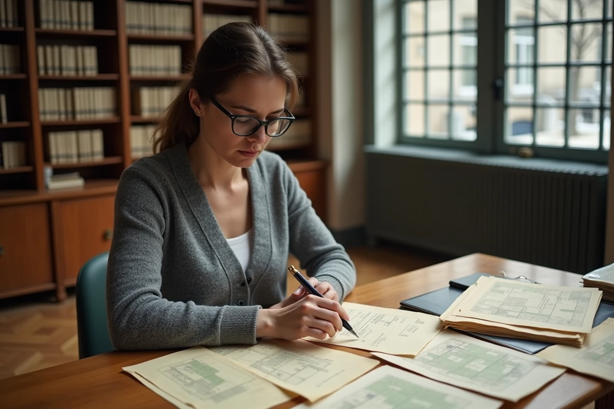 Archiviste étudiant des documents historiques de la RATP dans une salle d'archives à Paris