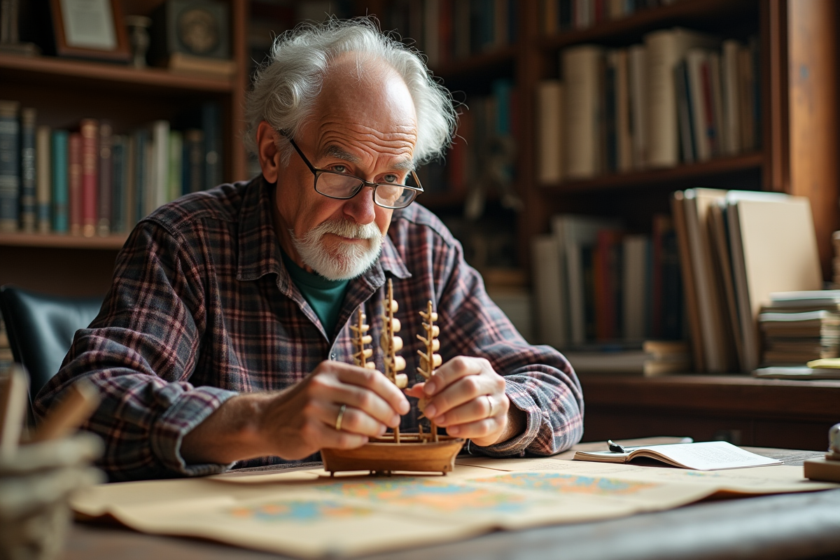 Homme âgé assemblant un modèle de voilier dans un bureau