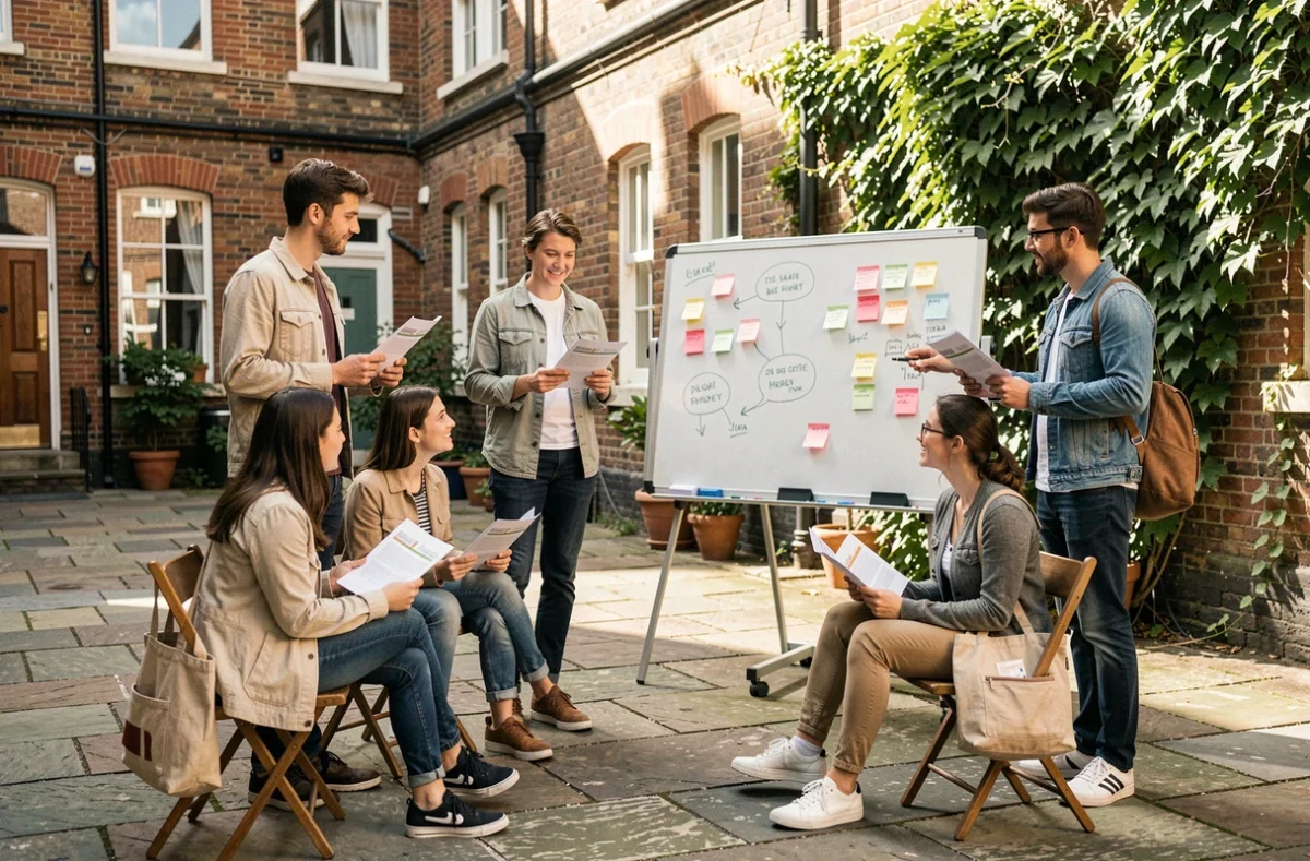 Atelier participatif de communication solidaire en plein air réunissant des bénévoles et membres d'une association numérique
