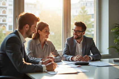 Banquier et couple discutant d'un prêt immobilier dans un bureau lumineux