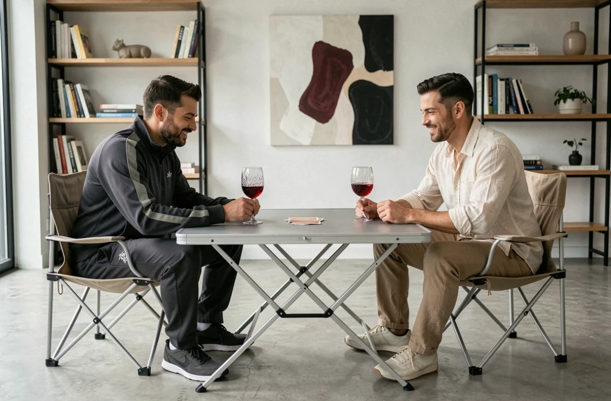 Deux hommes aux styles opposés jouant aux cartes avec du vin dans un salon design minimaliste, symbolisant le paradoxe bauf et classe