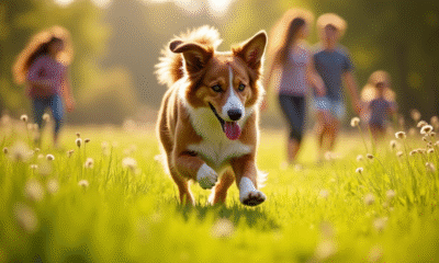 Chien berger australien brun courant dans un pré ensoleille
