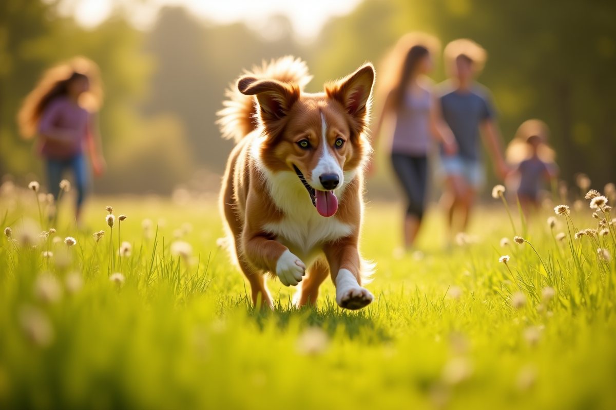 Chien berger australien brun courant dans un pré ensoleille