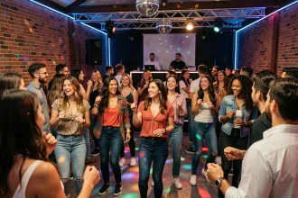 Ambiance animée d'une boîte de nuit à Perpignan avec des jeunes adultes qui dansent sur un dance floor coloré