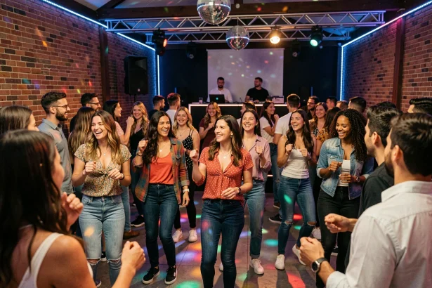 Ambiance animée d'une boîte de nuit à Perpignan avec des jeunes adultes qui dansent sur un dance floor coloré