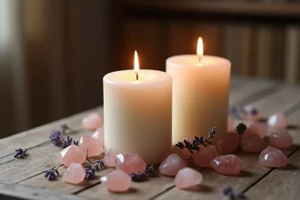 Deux bougies blanches brûlant en synchronie entourées de cristaux de quartz rose, symbole des flammes jumelles et des synchronicités spirituelles