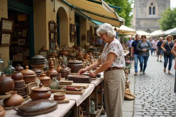 Stand de brocante en plein air dans un village de Meurthe-et-Moselle avec objets vintage et vaisselle ancienne