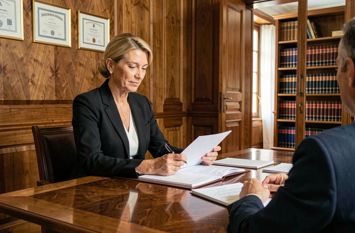 Maître Agnès Bouzon-Roulle en consultation avec un client dans la salle de réunion de son cabinet à Marseille