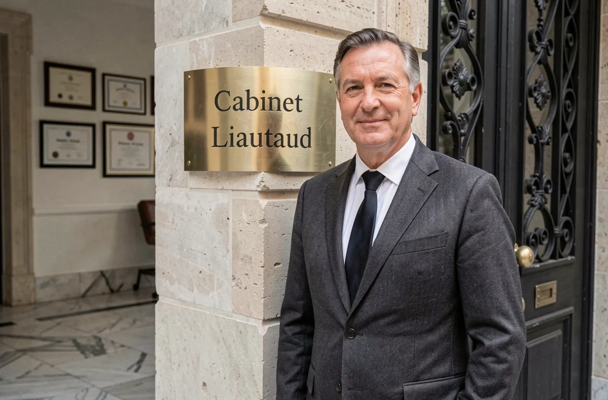 Avocat senior devant l'entrée du Cabinet d'avocats Liautaud à Marseille avec plaque en laiton visible