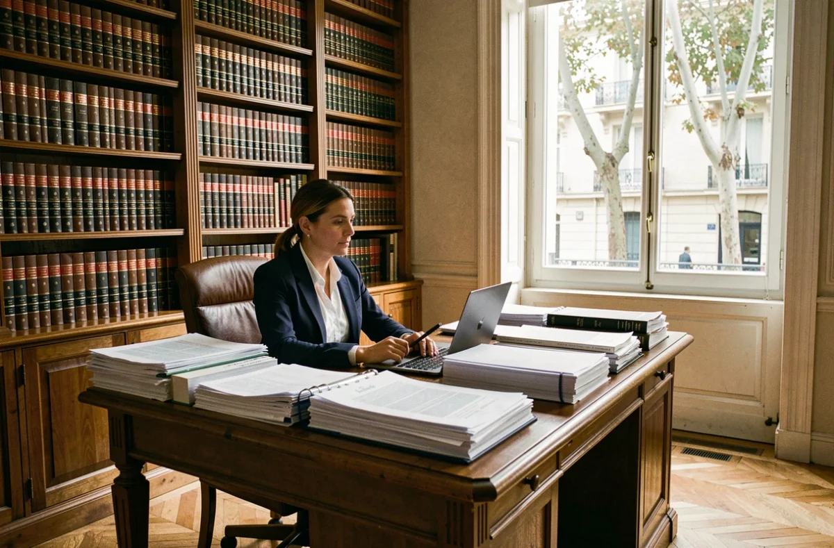 Avocate du Cabinet Naudin à Marseille travaillant dans un bureau avec bibliothèque juridique et dossiers
