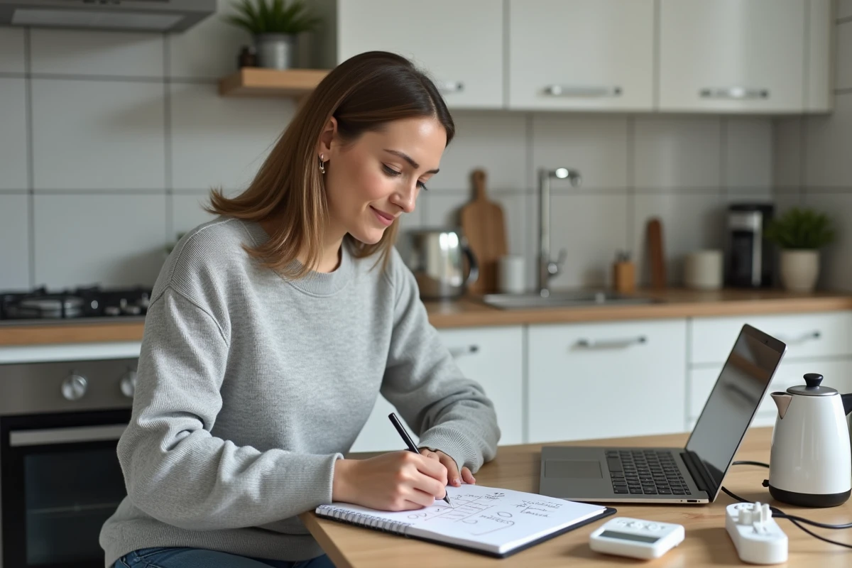 Une femme effectuant des calculs de conversion ampère en watt à la table de cuisine avec appareils électroménagers comme référence