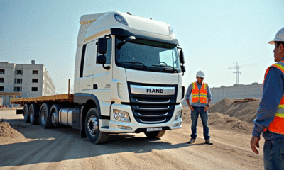 Camion plateau blanc sur un chantier avec ouvriers et matériaux