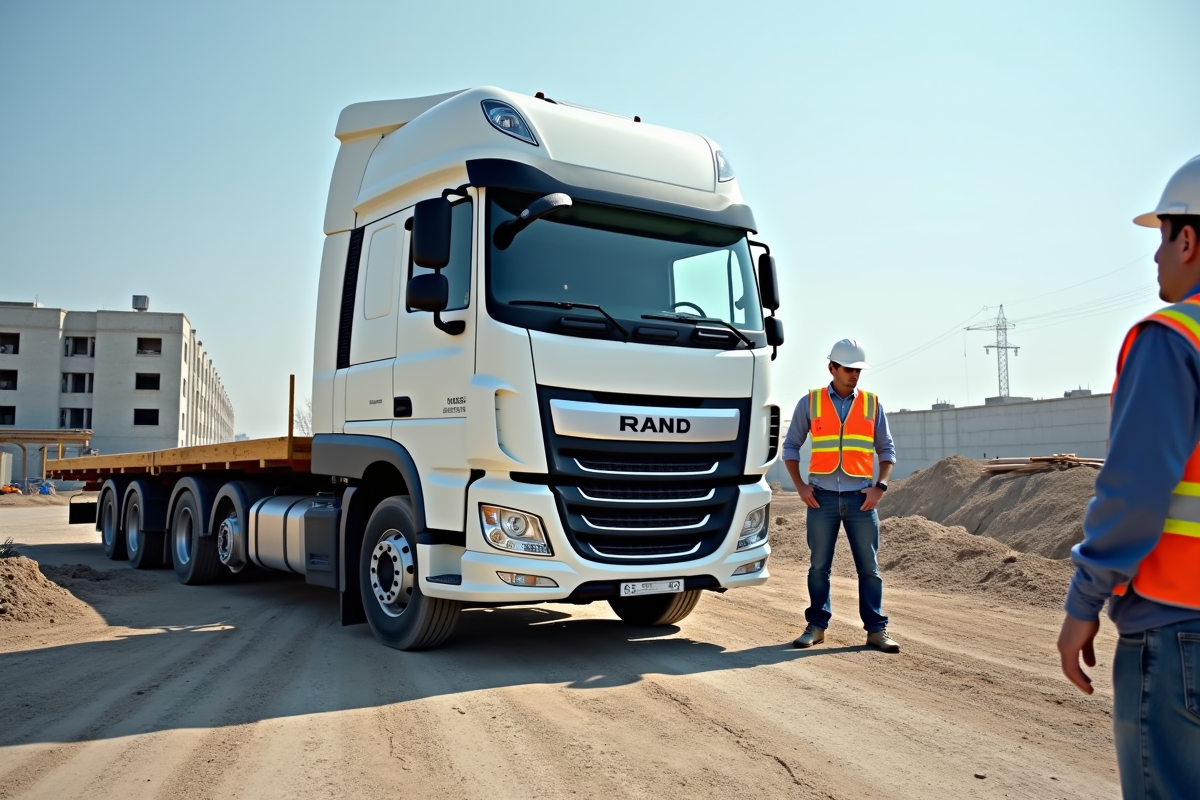 Camion plateau blanc sur un chantier avec ouvriers et matériaux
