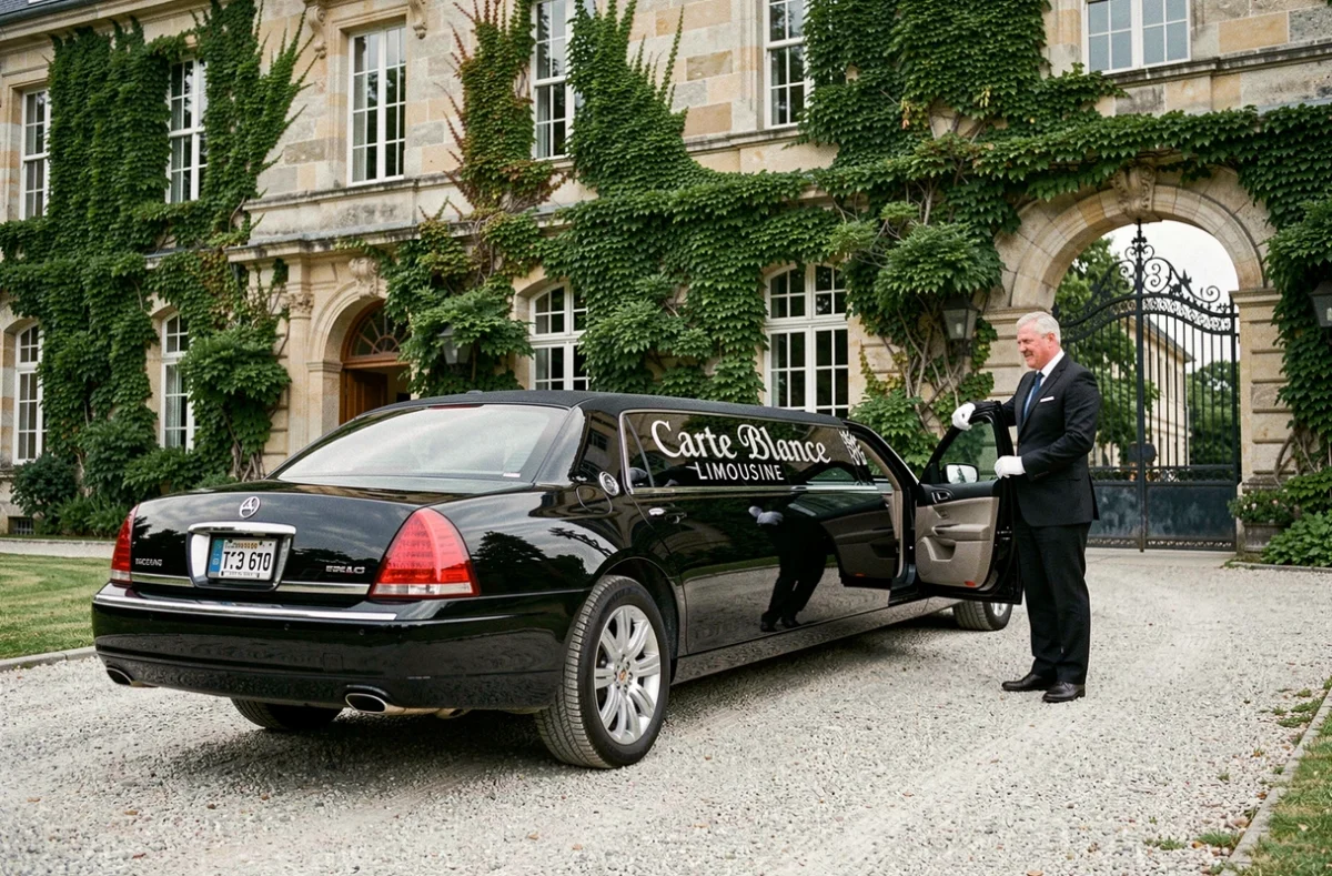 Limousine noire Carte Blanche garée devant un château français avec un chauffeur en gants blancs