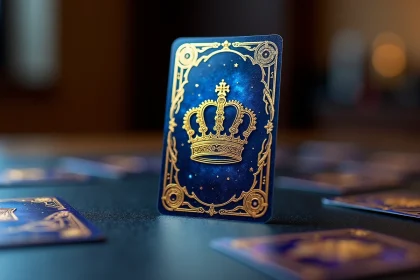 Carte Couronne Stellaire holographique posée sur un bureau de collectionneur avec d'autres cartes en arrière-plan flou