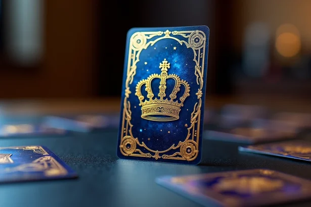 Carte Couronne Stellaire holographique posée sur un bureau de collectionneur avec d'autres cartes en arrière-plan flou