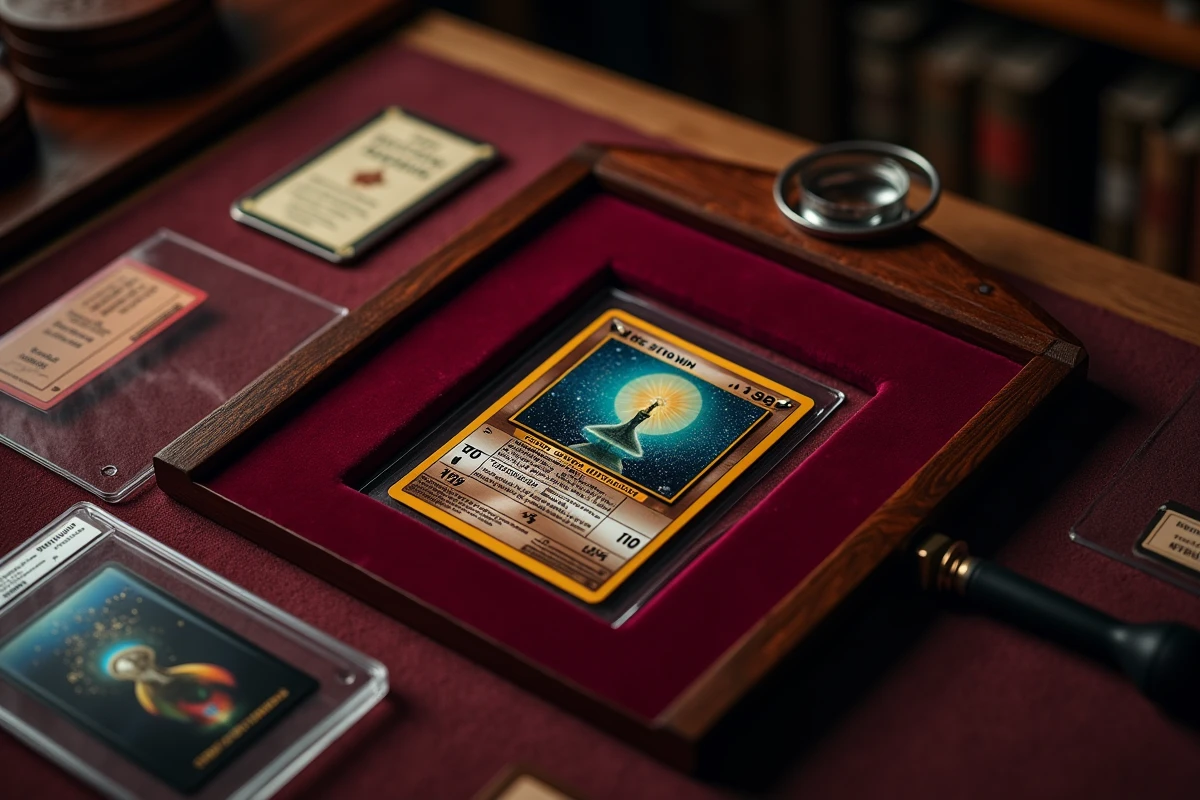 Vue aérienne d'une carte Couronne Stellaire rare dans un écrin de collectionneur avec loupe et protection de carte