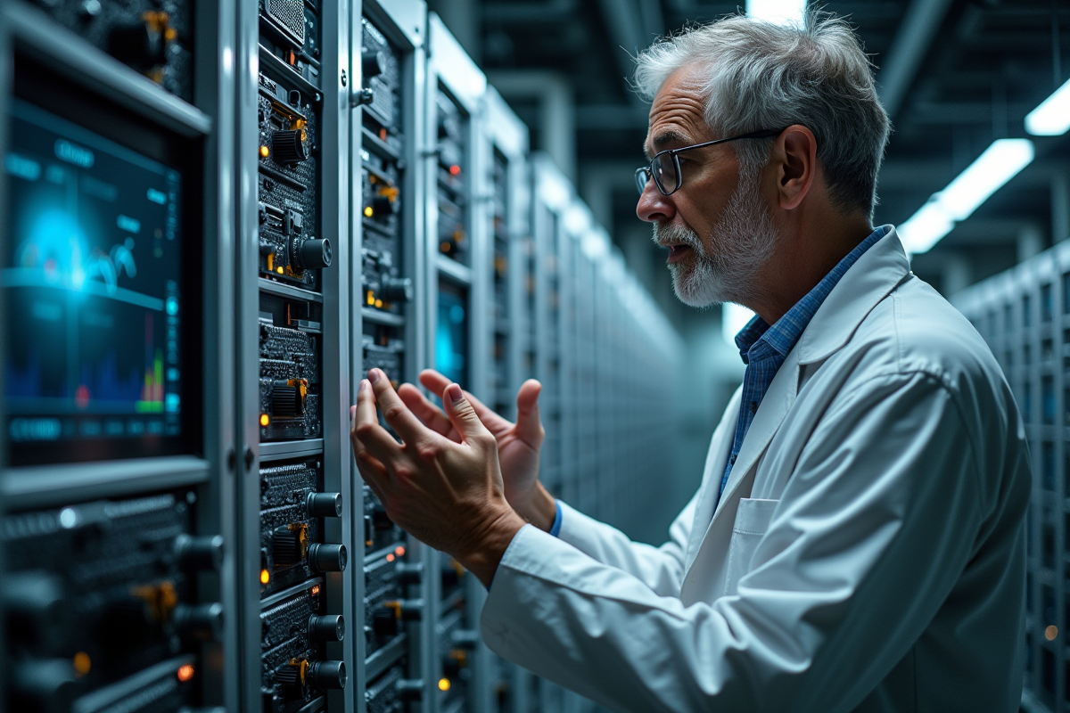 Chercheur en blouse examine un ordinateur quantique complexe