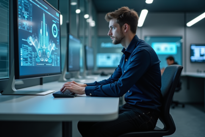 Jeune homme scientifique devant un ordinateur quantique futuriste