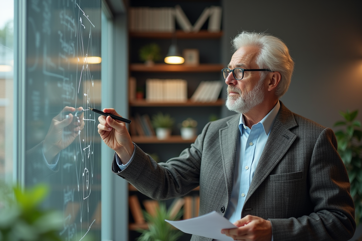 Chercheur en tweed esquissant des symboles dans un bureau