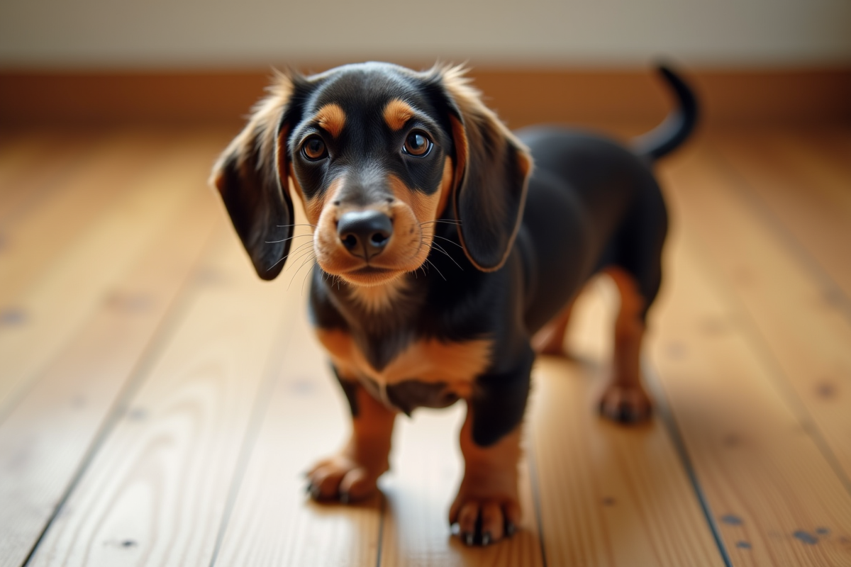 Chiot dachshund debout sur le sol en interieur