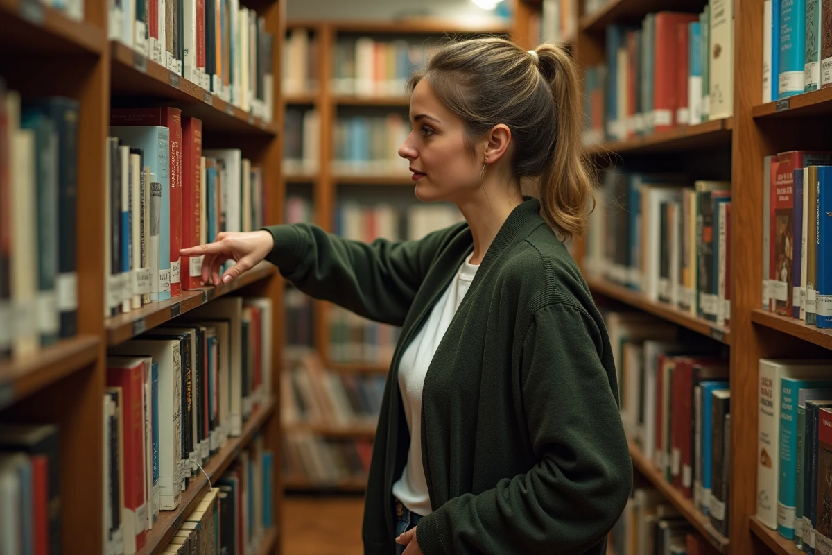 Femme parcourant des recueils de poésie italienne dans une librairie indépendante entre des étagères de livres