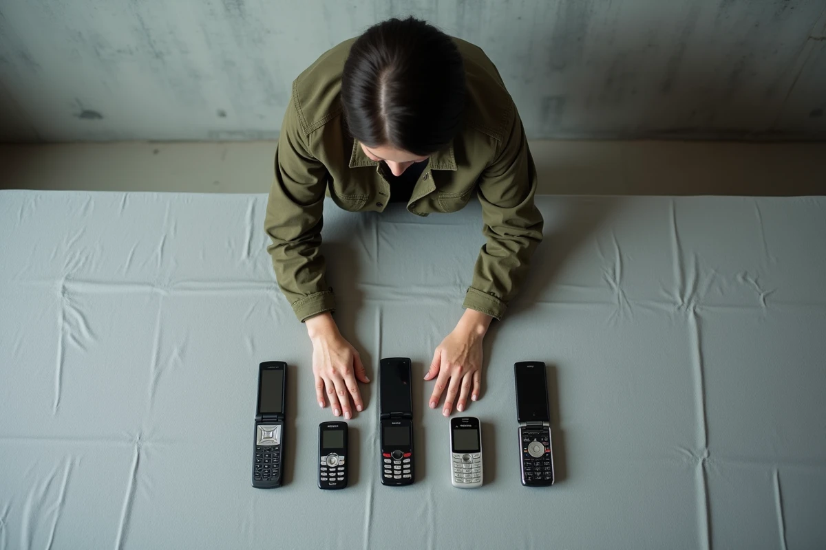 Vue du dessus d'une collection de téléphones mobiles rares et recherchés disposés en flat lay sur une surface en lin gris clair