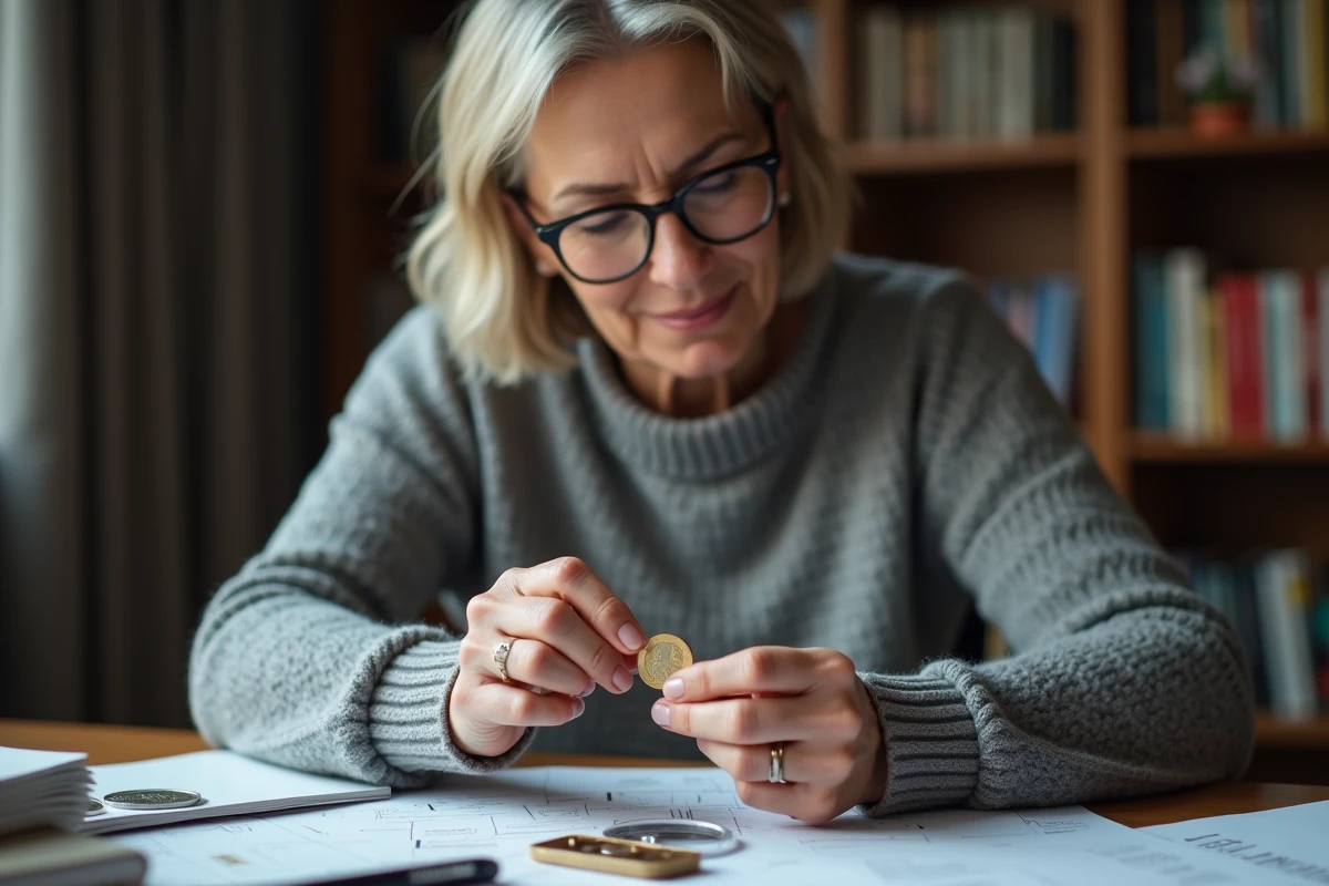 Femme collectionneuse inspectant une pièce de 2 euros commémorative Tour Eiffel à son bureau