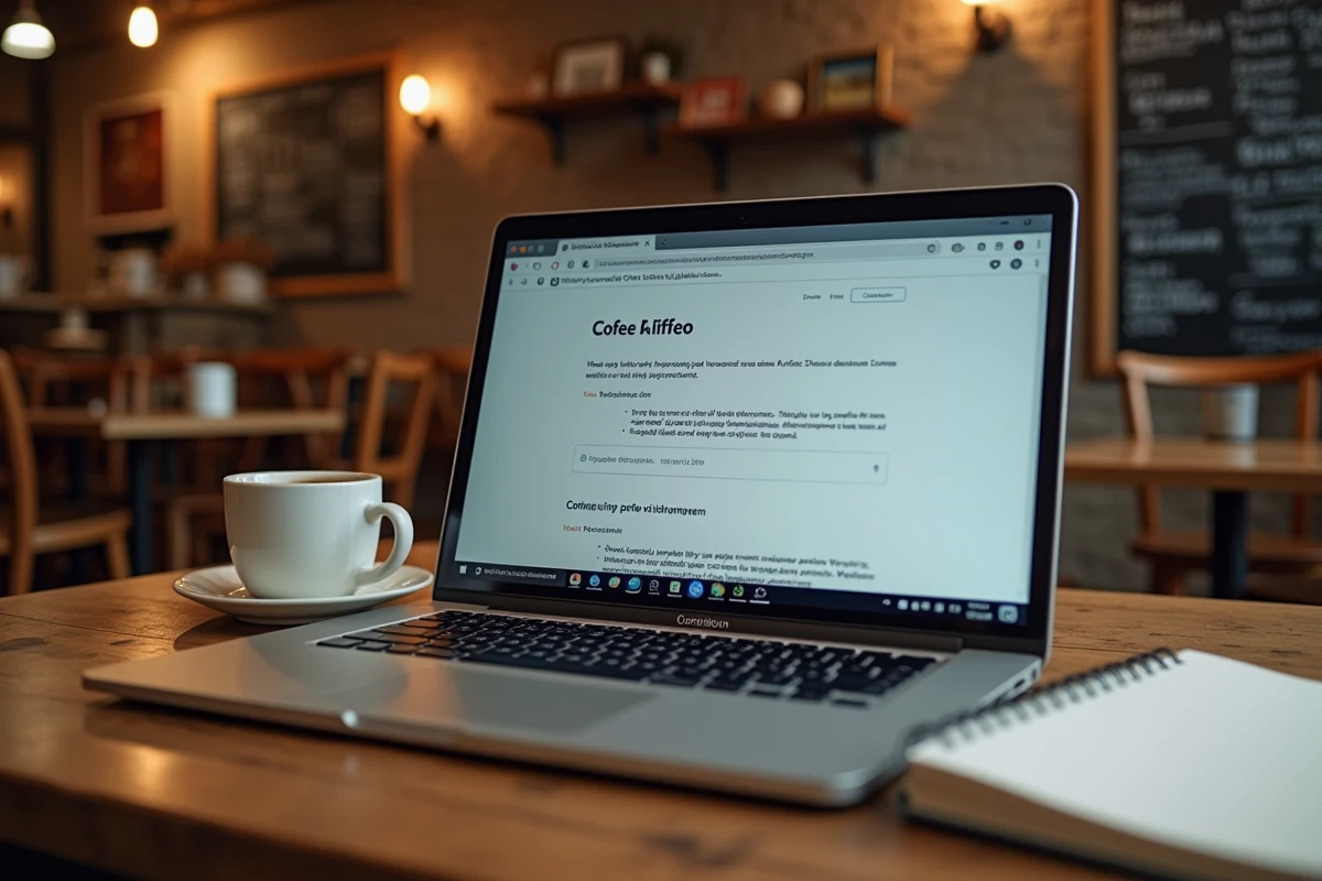 Vue aérienne d'un ordinateur portable en café montrant une comparaison d'URLs pour détecter un faux site miroir