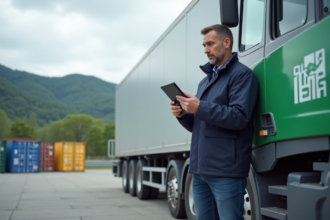 Homme conducteur de camion électrique vérifiant une tablette