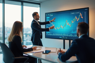 Conseiller financier expliquant des graphiques d'investissement en bureau