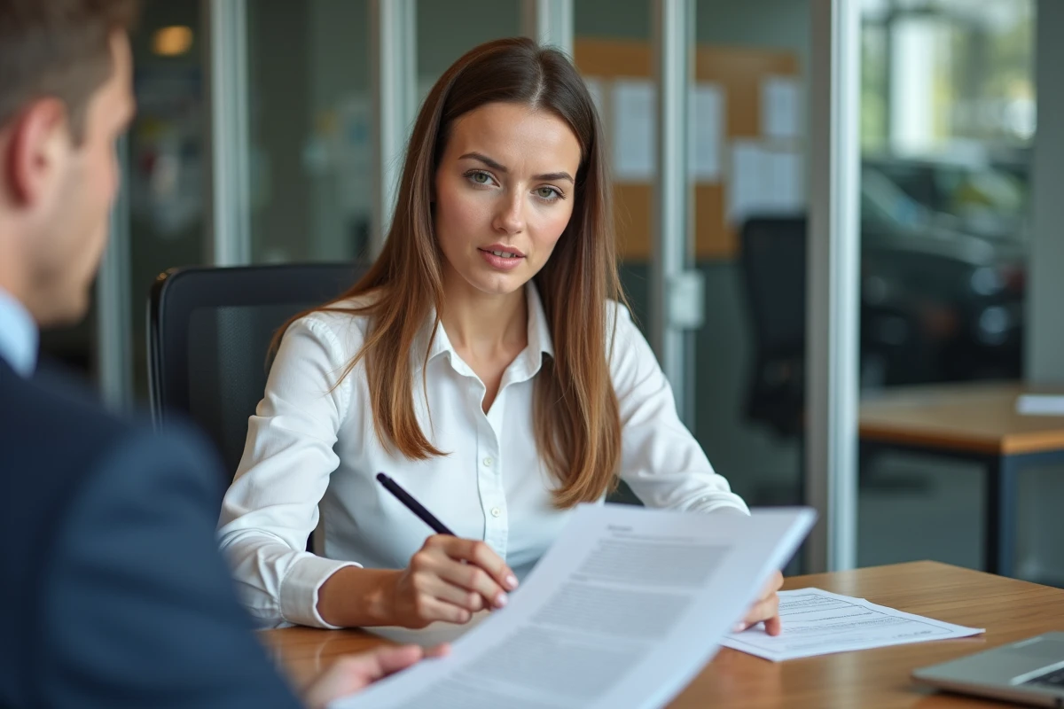 Femme examinant un contrat de vente de voiture d'occasion avec un vendeur dans un bureau de concession