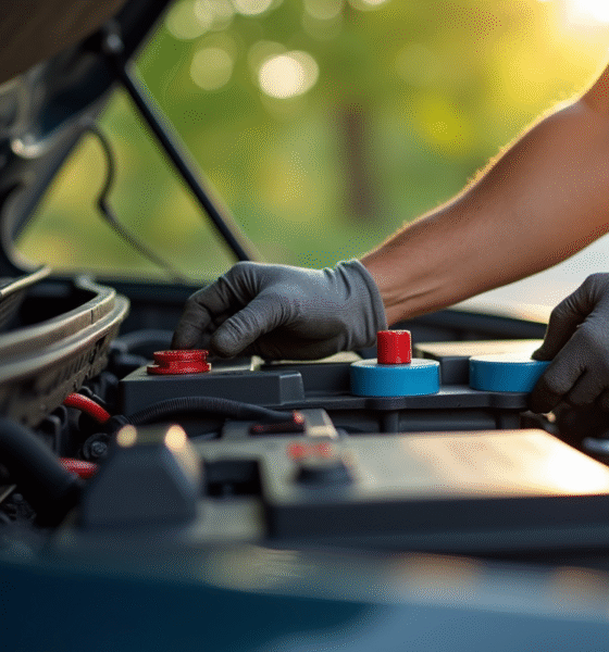 Personne vérifiant la batterie de voiture sous le capot en plein soleil